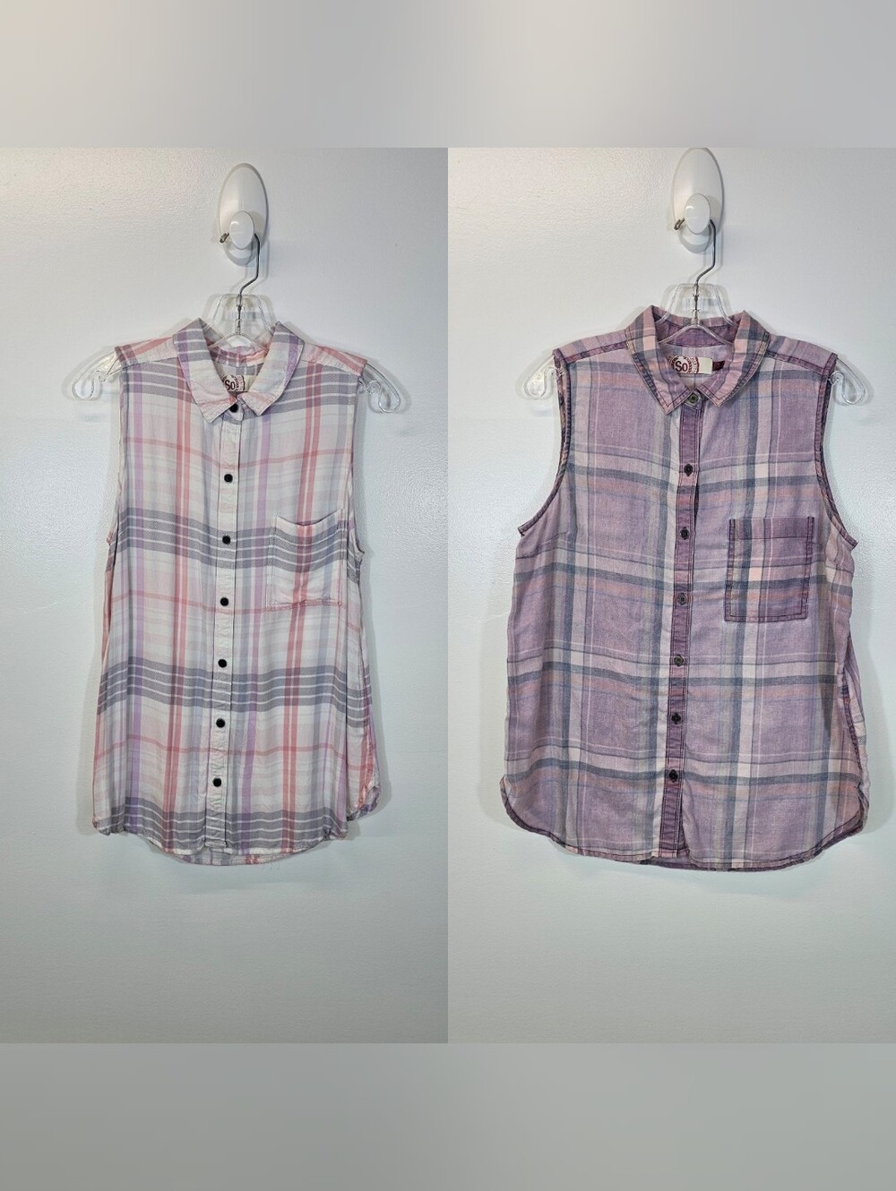 Women's SO Sleeveless Button-Front Plaid Top in Pink and Purple (2 Pieces)